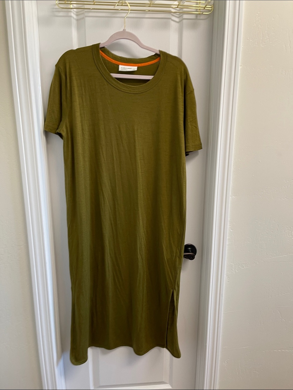 Icebreaker Olive Green Short-Sleeve Midi Dress with Orange Trim